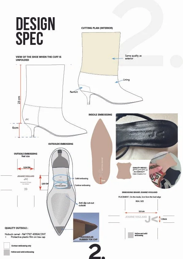 Plan de conception d'une chaussure, incluant les dimensions, les différentes parties comme la tige, l'embossage, le revêtement, la semelle intérieure et extérieure, et des images illustrant la fabrication et les matériaux utilisés.