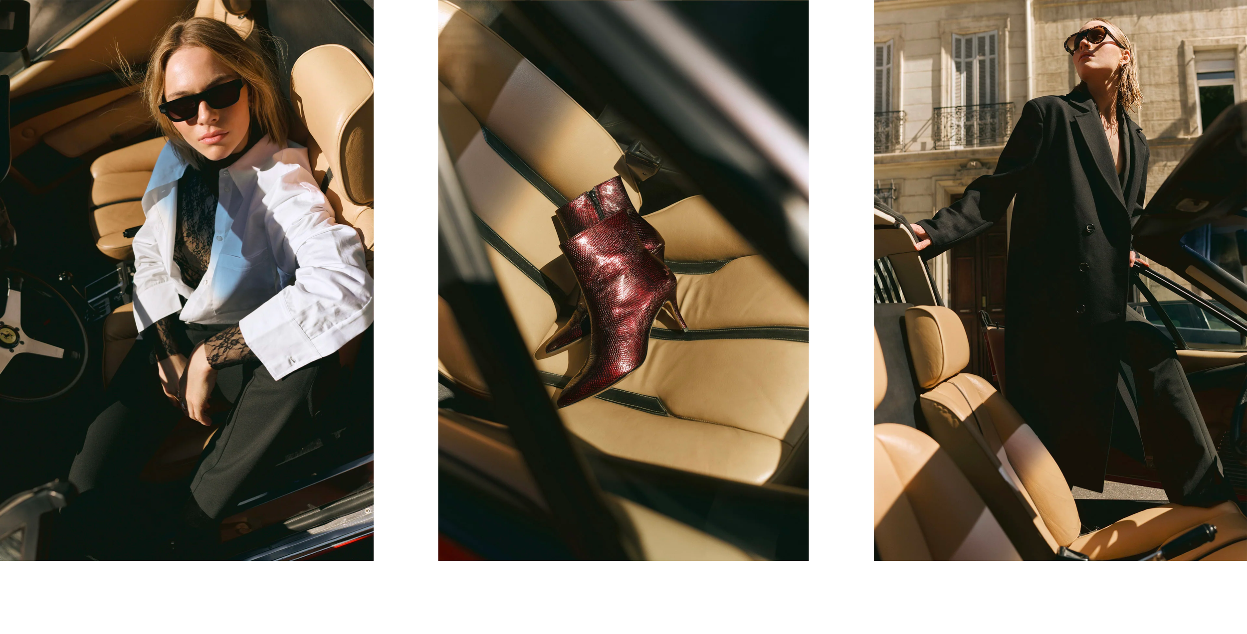 Une femme posant dans une voiture classique, portant une chemise blanche, lunettes de soleil noires, et un pantalon noir. Chaussures à talons rouge bordeaux avec une texture brillante, posées sur le siège de la voiture.