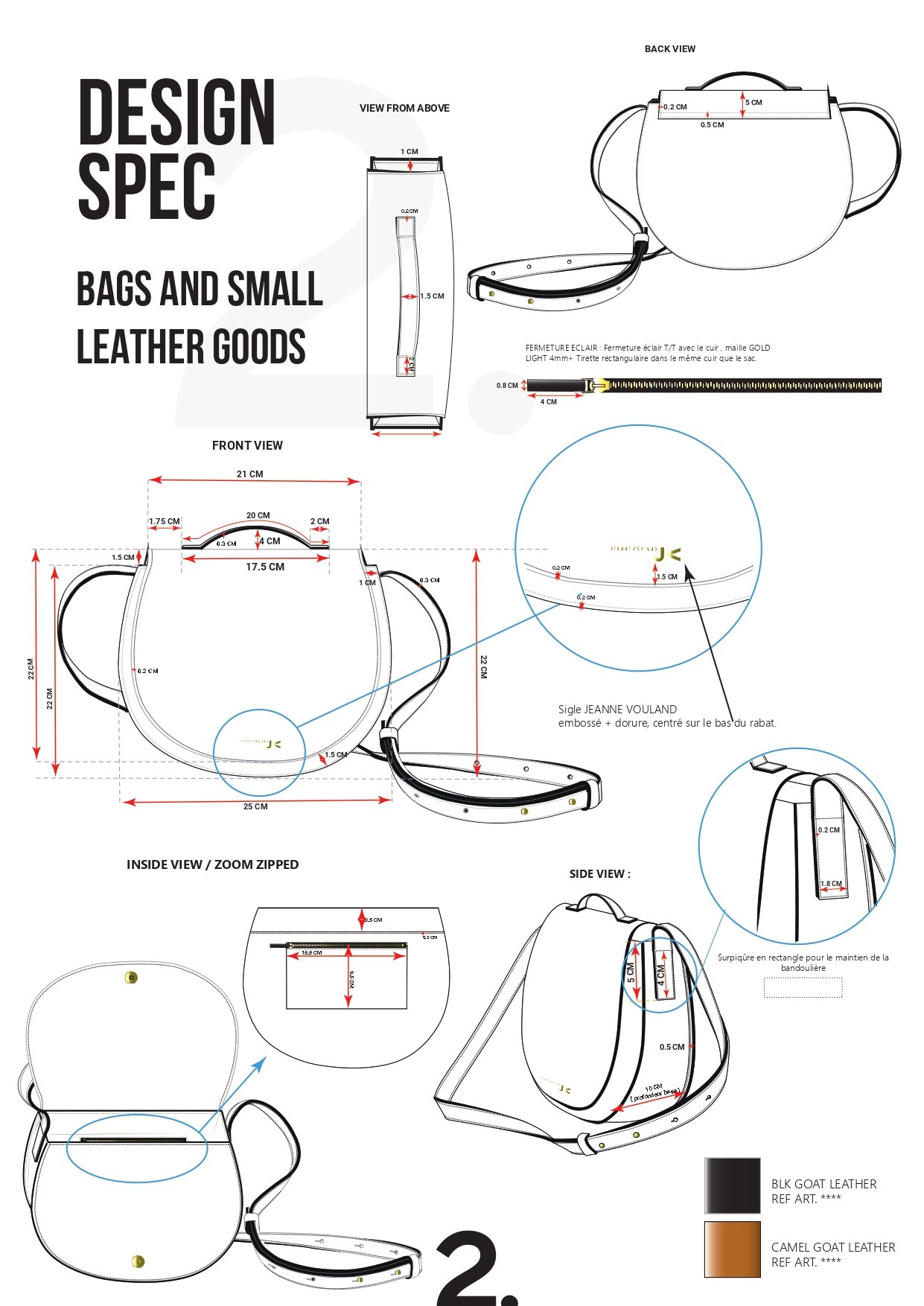 Plan de conception d'un sac en cuir pour petits accessoires, avec différentes vues techniques, mesures en centimètres, détails de fermetures et matériaux comme cuir de chèvre noir et camel.
