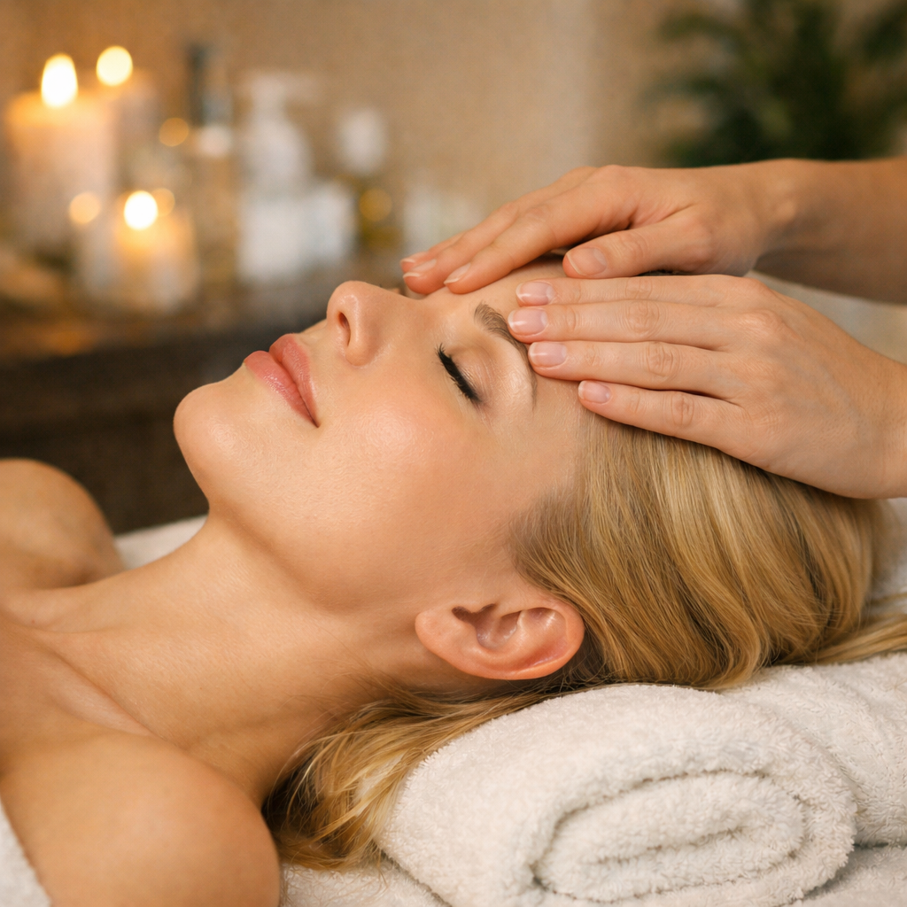 Frau erhält eine Kopfmassage in einem Spa- oder Wellnessbereich, entspannt mit geschlossenen Augen, im Hintergrund brennende Kerzen.
