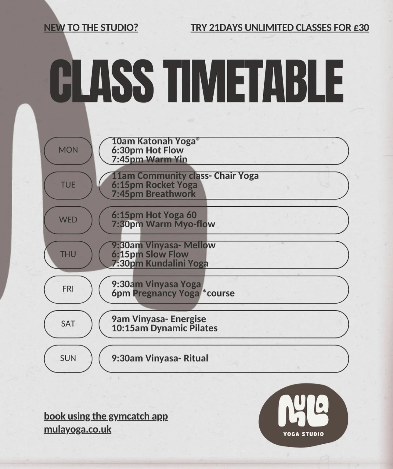 Updated class timetable..

📍 Monthly Sound Bath with @jessicaoftheways last Friday of every month 7:30pm ✨ first one Friday 30th Jan