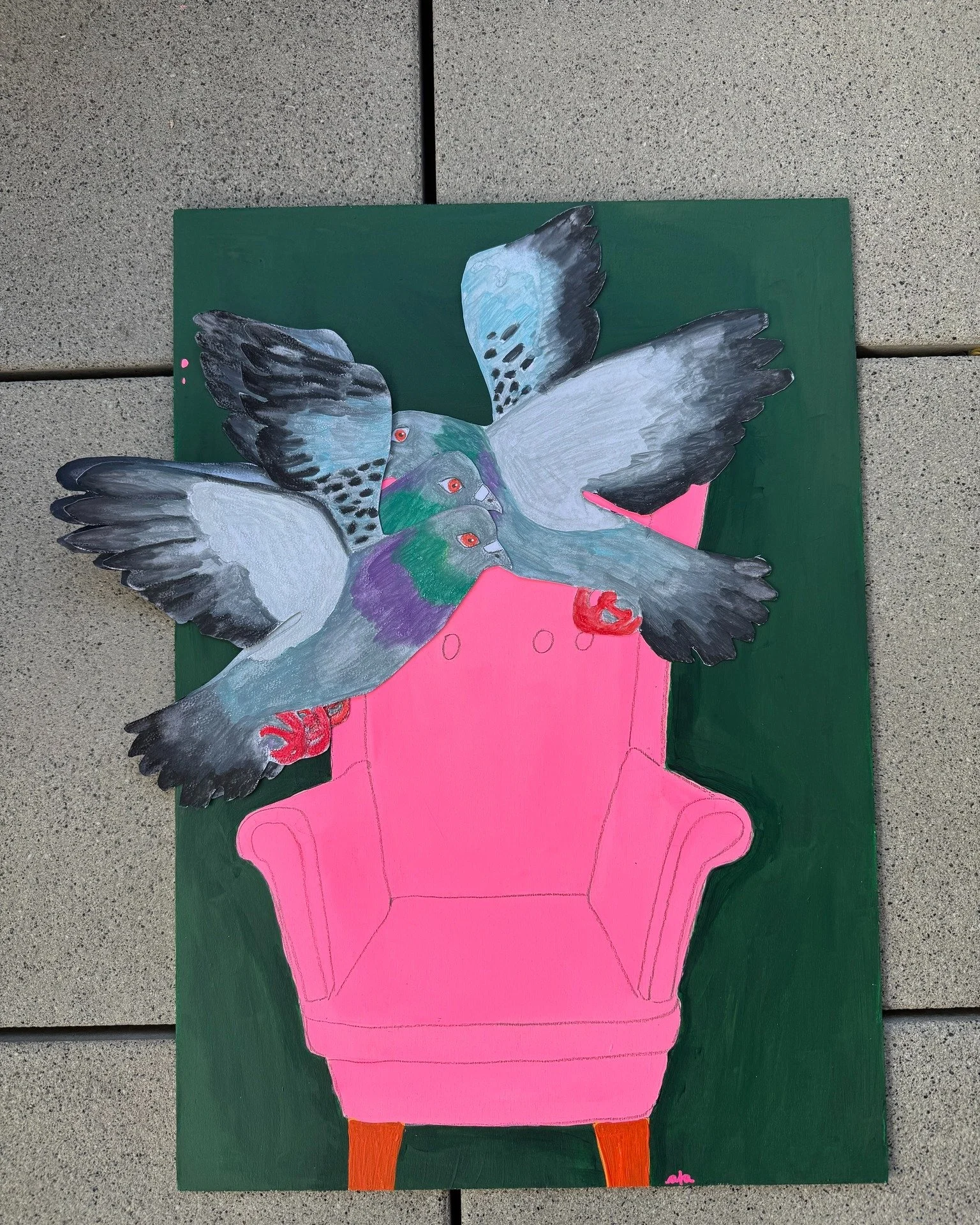 👉 Ich habe dieses Bild gemalt, ohne eine Idee im Kopf zu haben. 🎆

Es ist einfach entstanden: zuerst der Sessel, dann der dunkelgr&uuml;ne Hintergrund, die Farbe des Sessels, die Tauben, die Farbe der Sesselbeine. Nichts war geplant. 
Da ist es nun