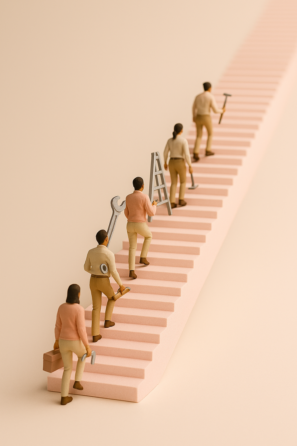 Miniature figurines of workers ascending pink stairs, carrying tools such as a wrench, ladder, hammer, and paint roller.