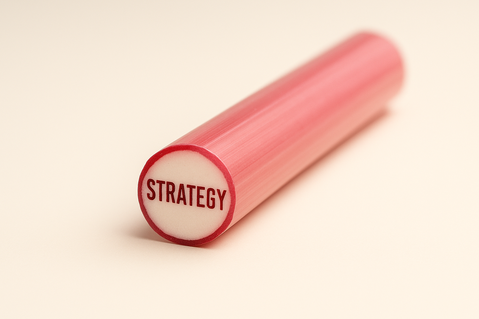 A cylindrical pink candy stick lying on a light surface, with the word ‘STRATEGY’ printed in bold red letters on the circular end facing forward.