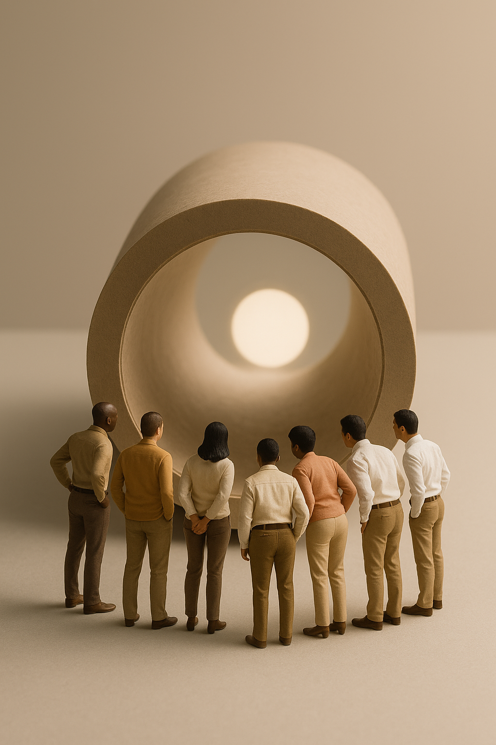 Miniature figurines of diverse people standing in a line, looking into a large hollow cardboard tube with a glowing sphere at the end, creating an illusion of looking into a tunnel or portal.