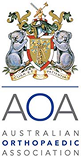 The logo of the Australian Orthopaedic Association featuring a coat of arms with shields, lions, and a crown, and the acronym 'AOA' below.