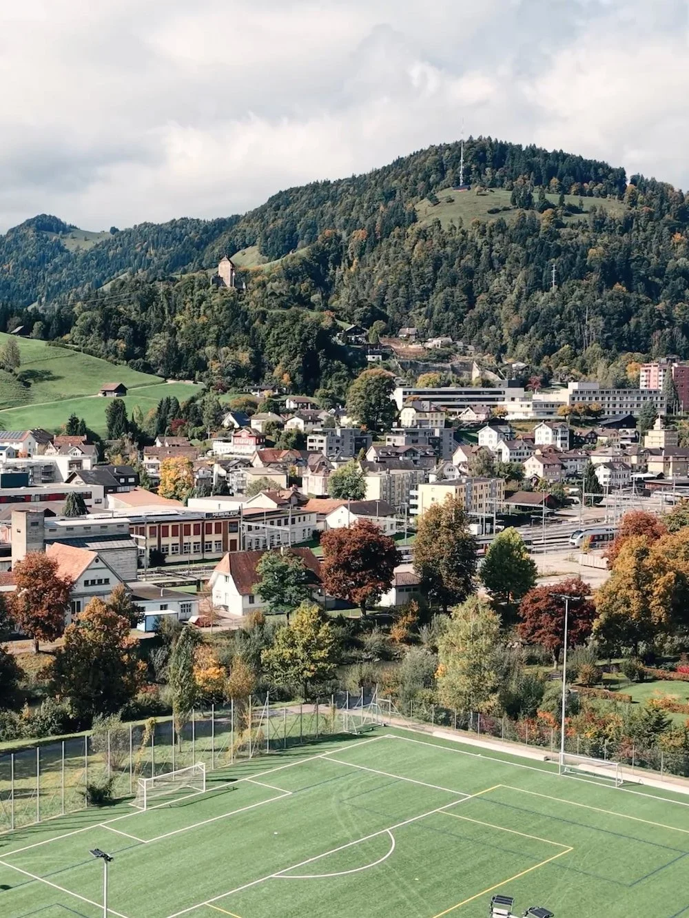 Blick auf ein Fußballfeld im Vordergrund, mit einer Stadt und einem bewaldeten Hügel im Hintergrund.