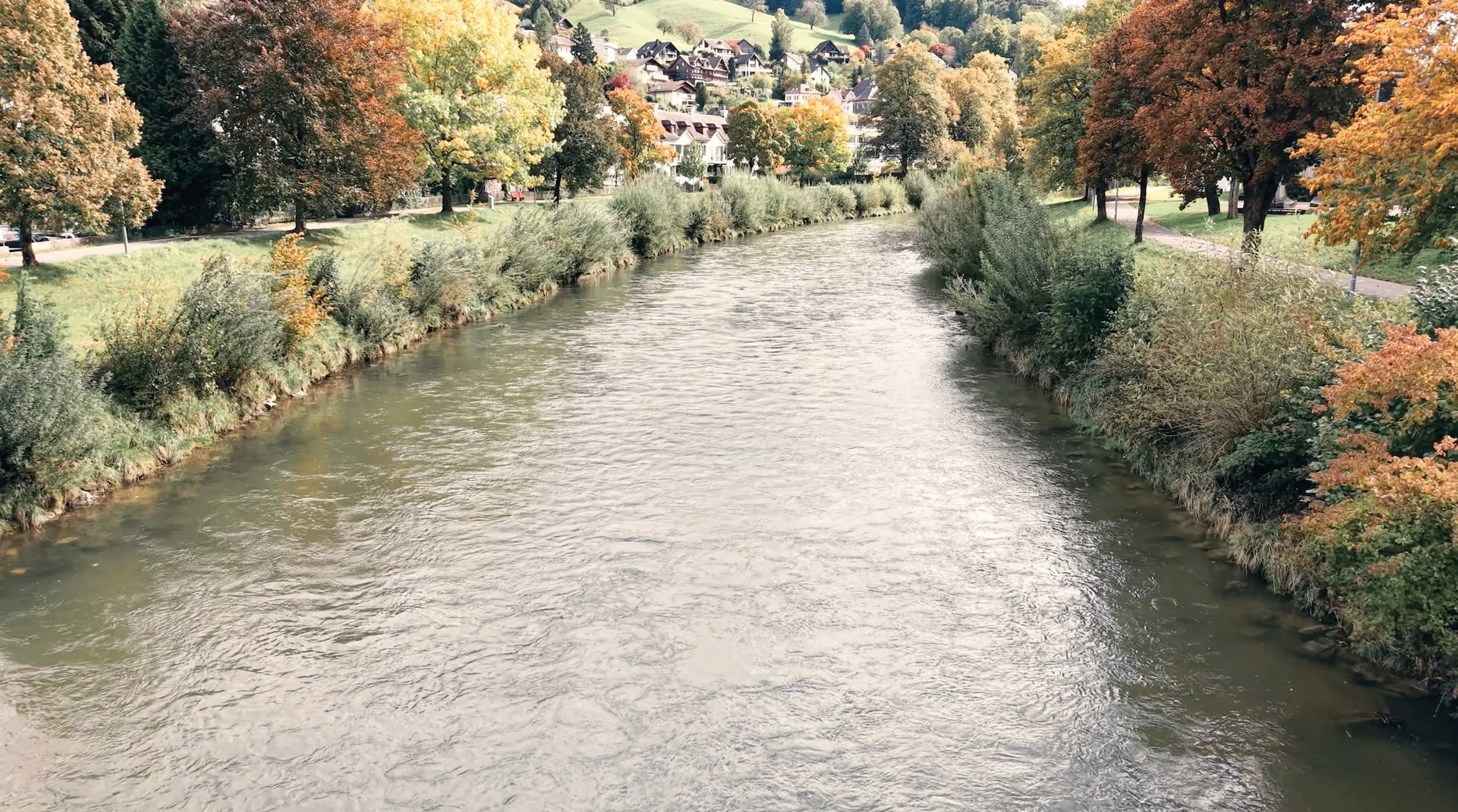 Ein Fluss mit Uferbänken und Bäumen in herbstlicher Farbe, umgeben von einem Stadtviertel auf einem Hügel im Hintergrund.