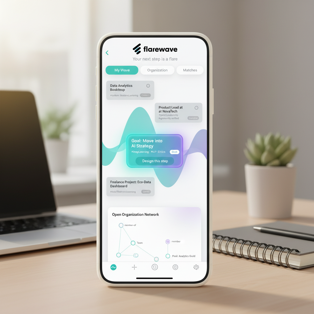 Mobilgerät zeigt die flarewave SaaS App, die bei der zentralen Organisation und Weiterentwicklung des eigenen Lebenslaufs unterstützt.