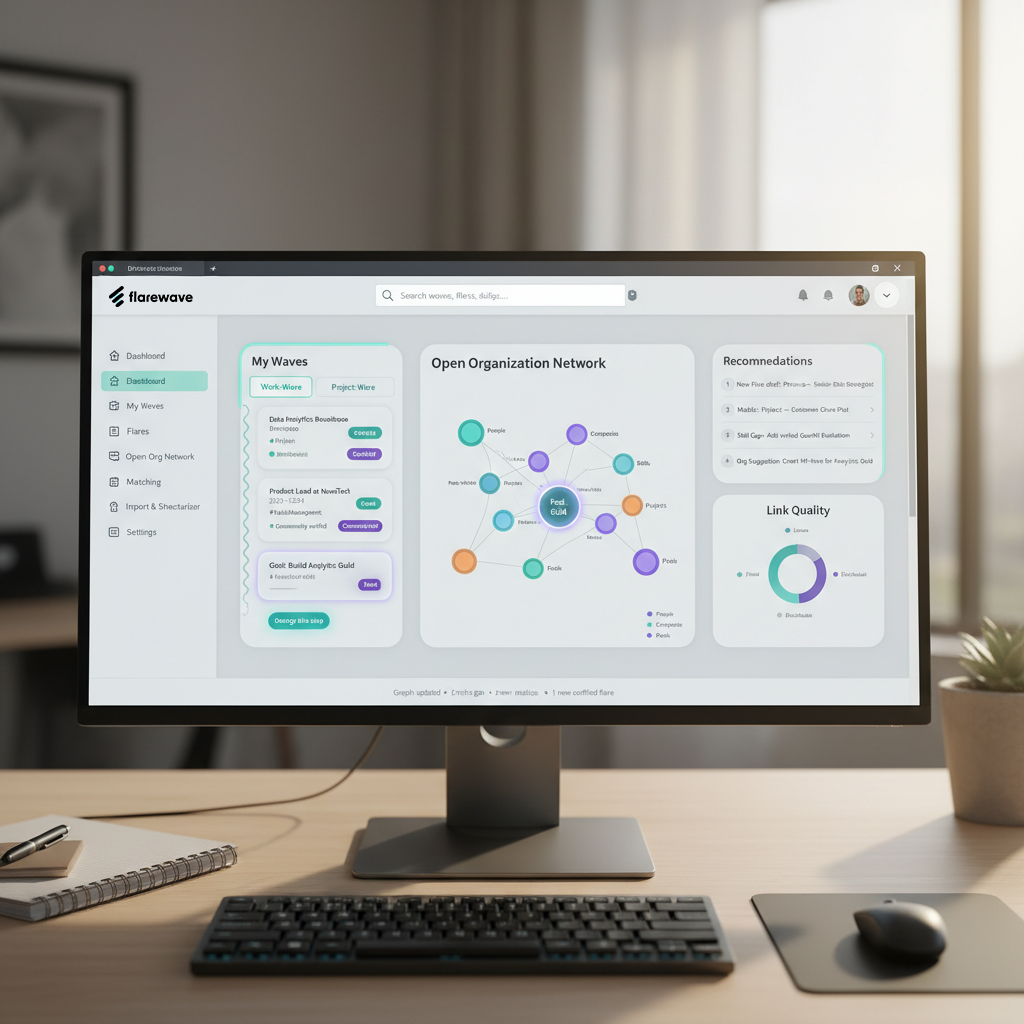 Computerbildschirm zeigt die flarewave SaaS Web App, die automatisiert Aufbauorganisationen von vorhandenen und komplett neuen Unternehmen entwirft und verwaltet.