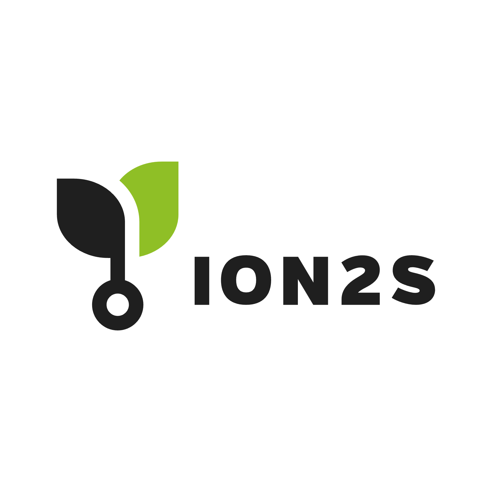 Logo mit einer stilisierten Pflanze und dem Text 'ION2S' in Schwarz, auf weißem Hintergrund.