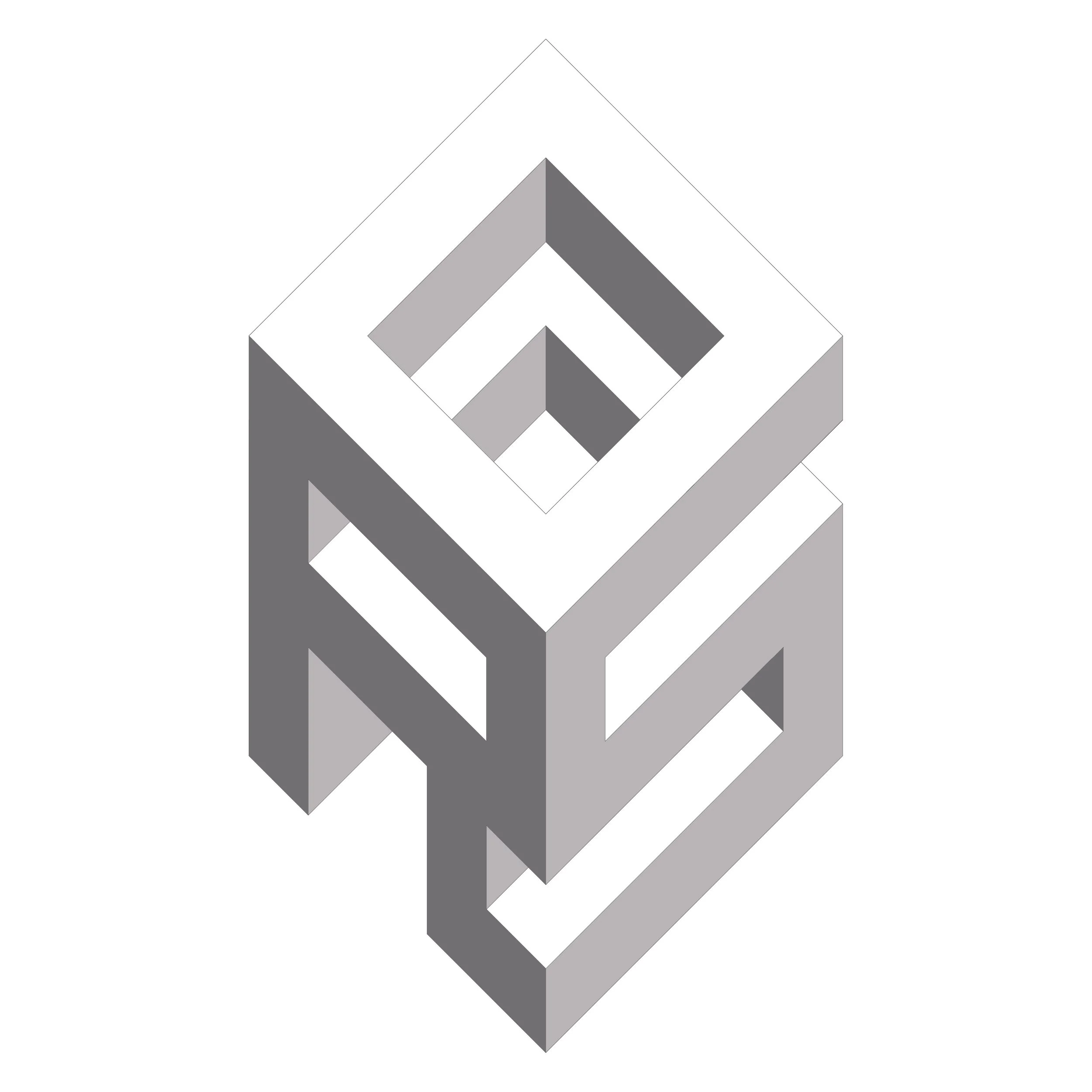 Ilustração de um design geométrico em tons de cinza formando uma estrutura tridimensional abstrata.