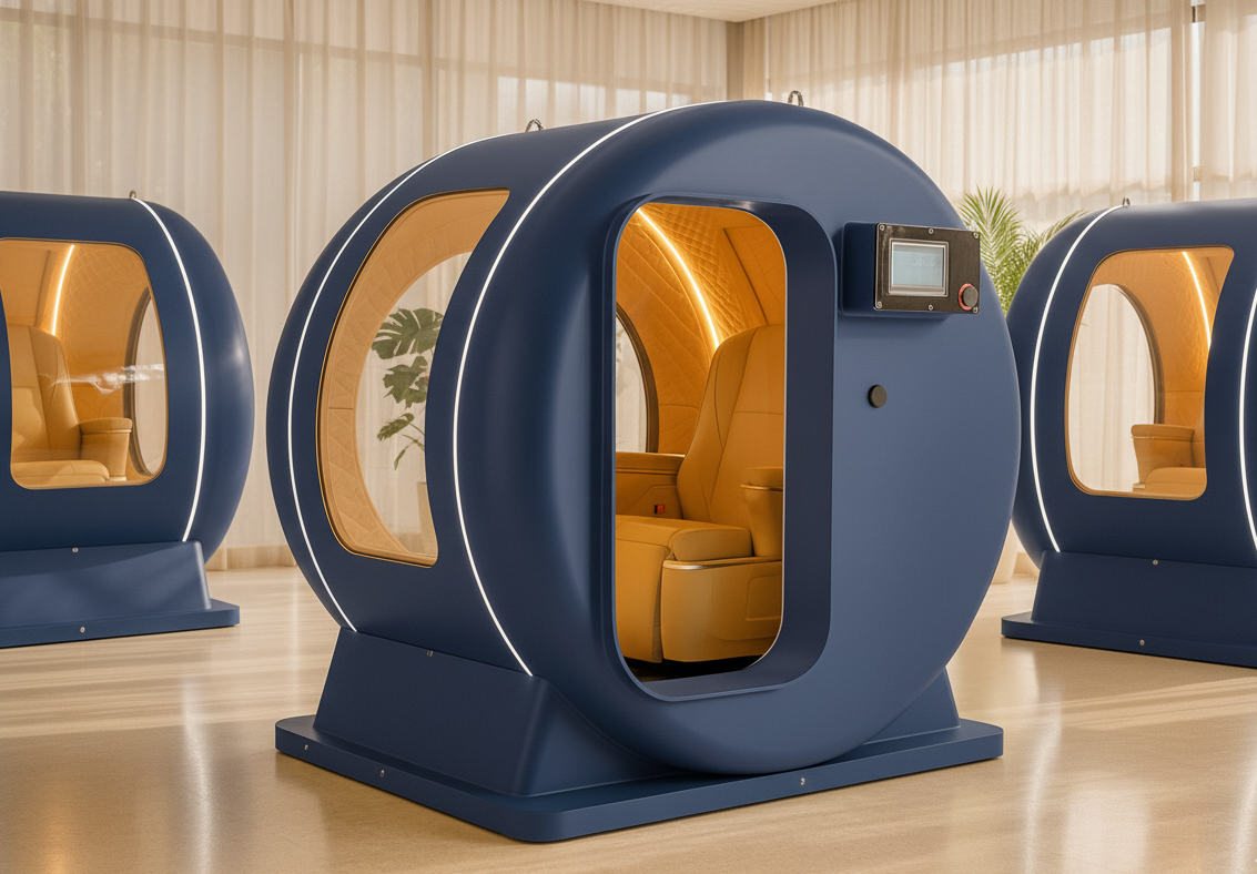 Interior of futuristic pods with yellow seats inside a room with beige curtains and potted plants.
