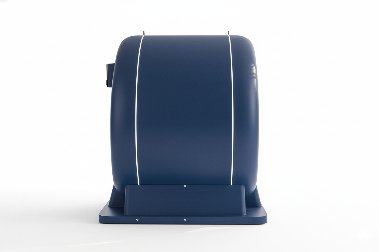 A modern, navy blue, hyperbaric oxygen chamber with a rounded rectangular shape and a small platform in the front.