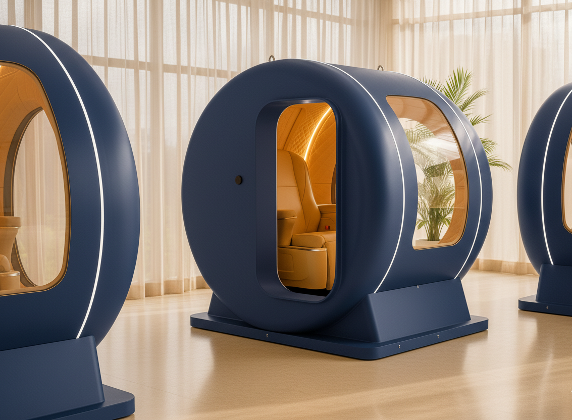 Futuristic blue hyperbaric oxygen therapy chamber with excellent visual appeal, set on a smooth base, with large windows, in a well-lit room with sheer curtains and potted plants.