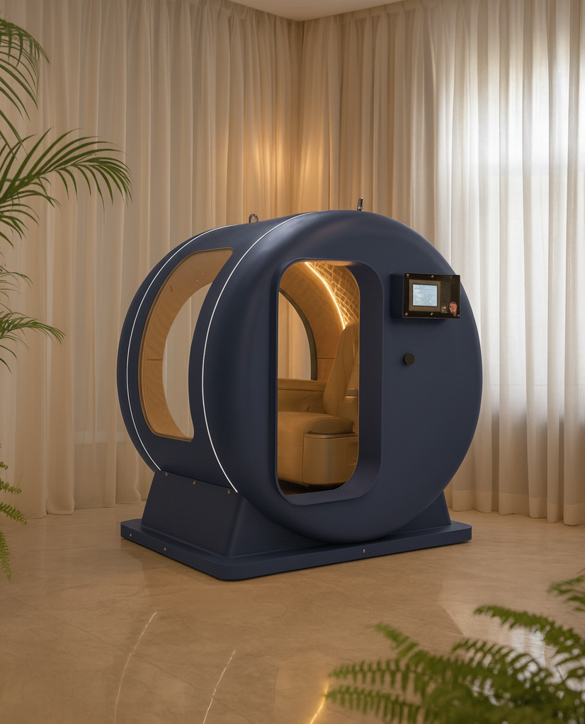 A modern  hyperbaric oxygen therapy chamber pod with a navy blue exterior and interior seating, situated indoors with beige curtains and some greenery nearby.