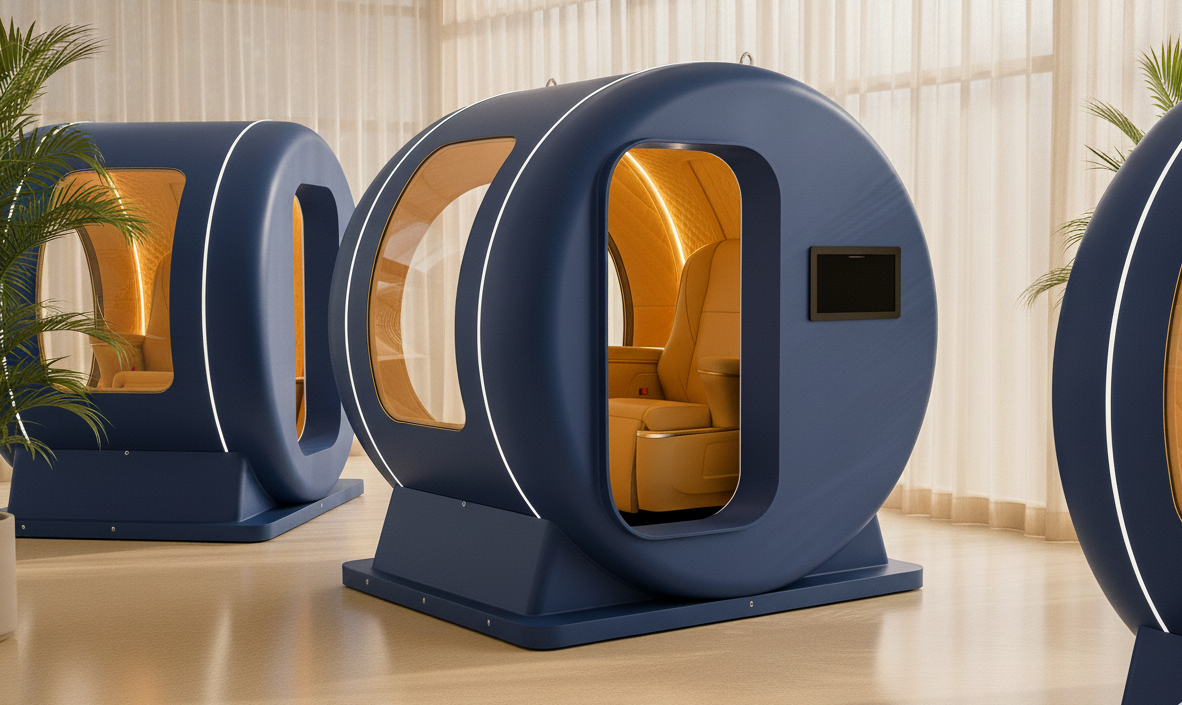 Modern blue spherical private hyperbaric oxygen therapy wellness pods with beige interior seats and a small screen, arranged indoors near beige curtains and potted plants.