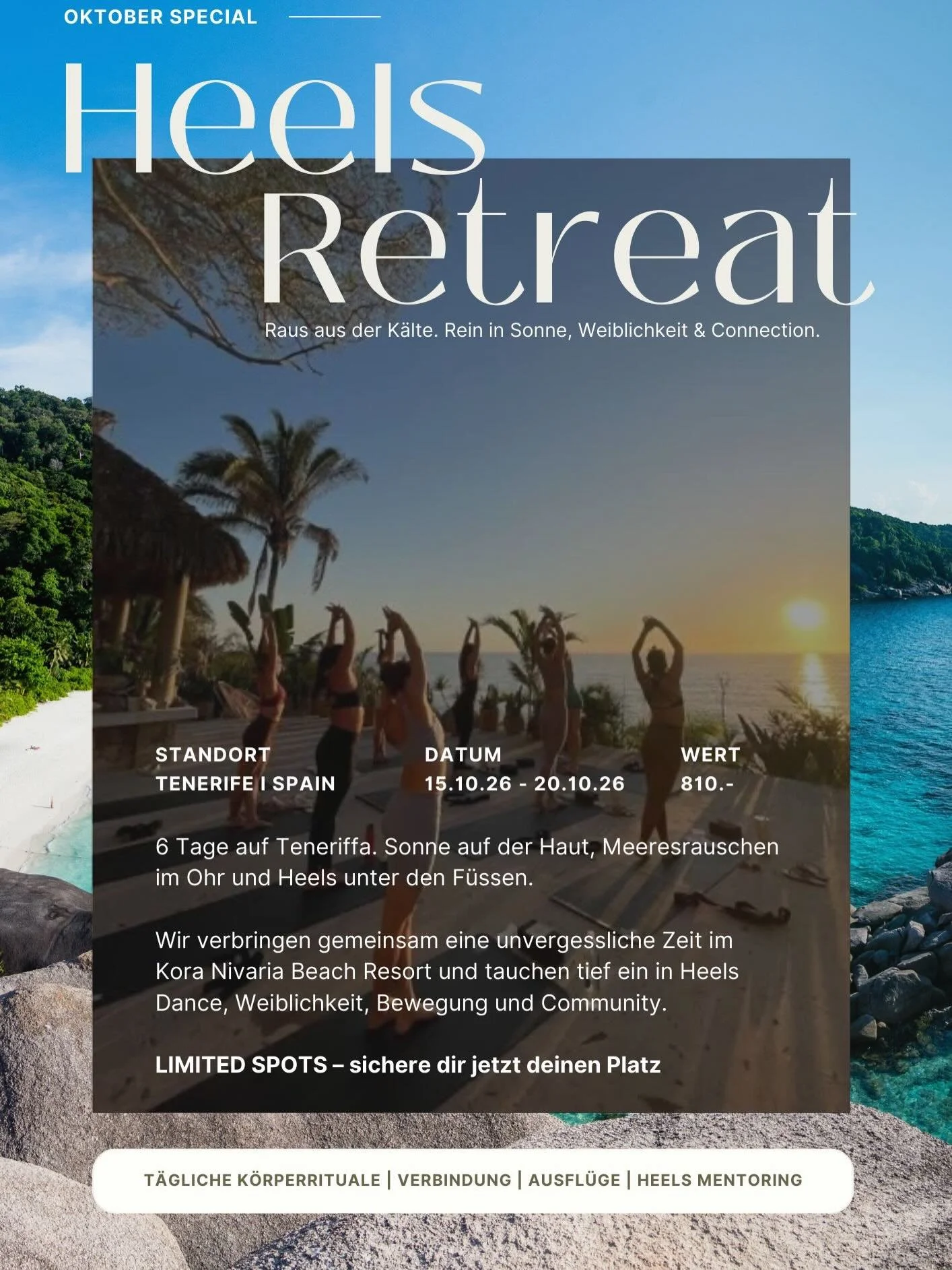 Im Oktober findet min Heels Retreat statt 😍 
Da d&rsquo;Ahfrage so h&ouml;ch gsi sind, han ich eus 2 Wuche buechet, damit es f&uuml;r jedi, wo cho m&ouml;cht Platz het ✨ 
Die 1. Option isch vom 15.10 bis 20.10.2026
Die 2. Option isch vom 22.10 bis 2