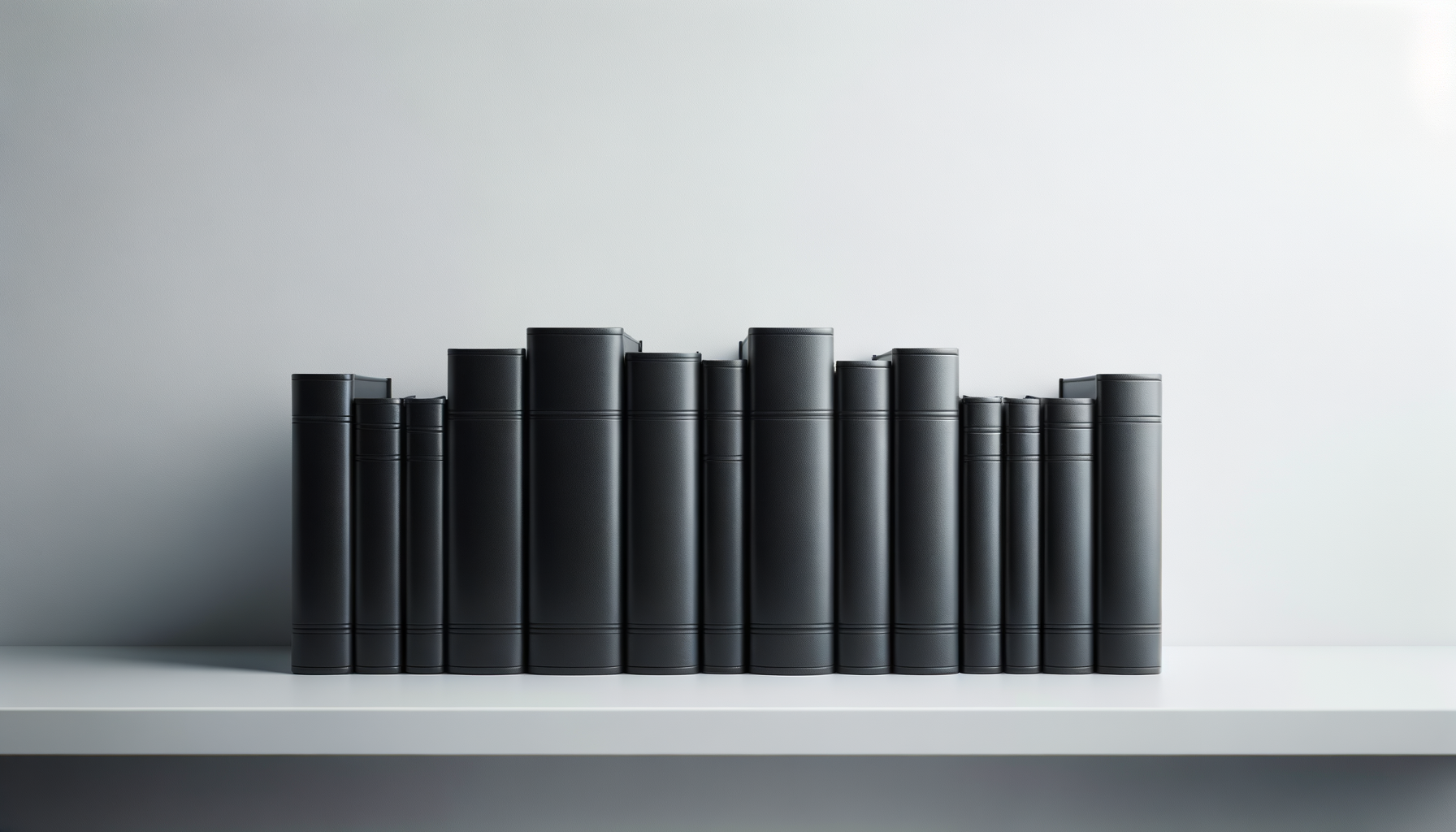 A collection of black, hardcover books arranged standing upright on a white shelf against a plain light gray wall.