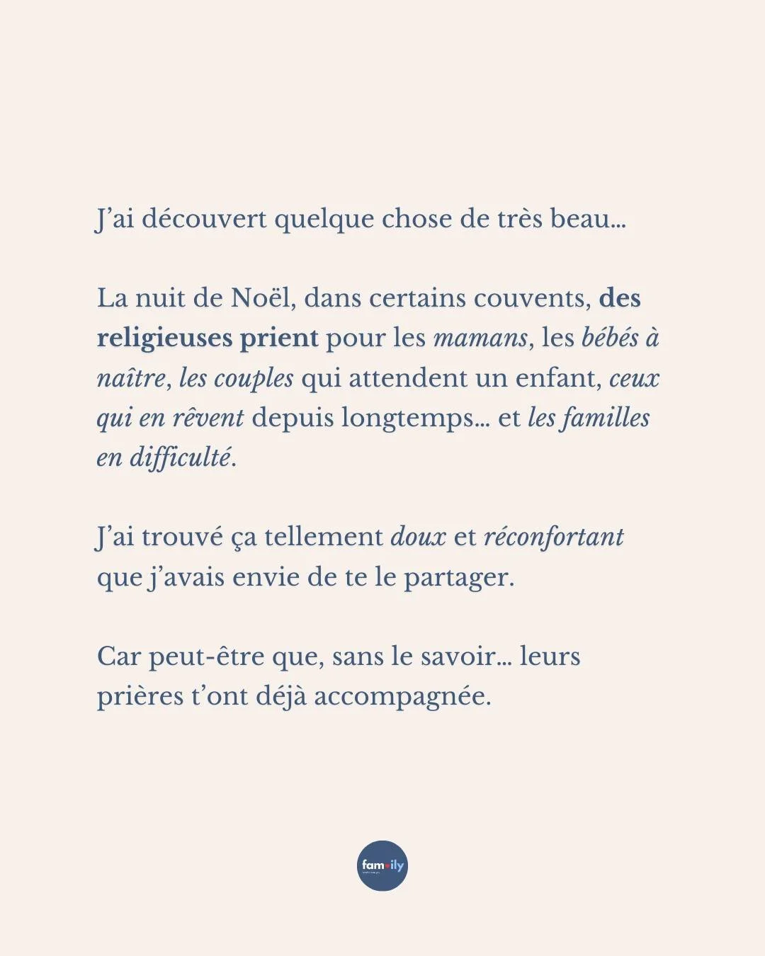 Je ne connaissais pas cette tradition, et elle m&rsquo;a vraiment touch&eacute;e&hellip;
Savoir que, la nuit de No&euml;l, certaines pri&egrave;res sont pens&eacute;es pour les mamans, les b&eacute;b&eacute;s &agrave; na&icirc;tre, les couples qui es