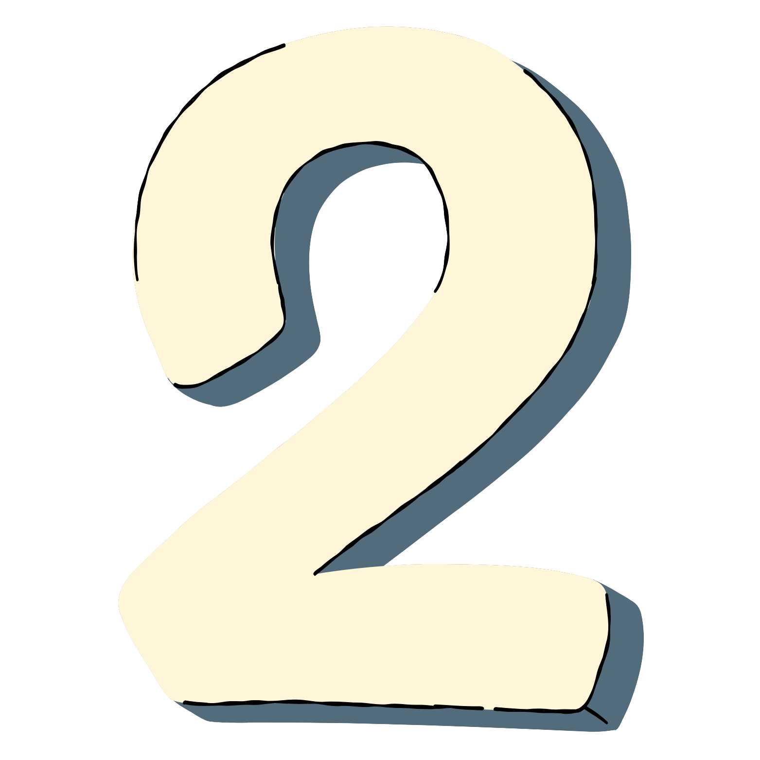A large stylized number two with a cream-colored front and a dark shadow outline.
