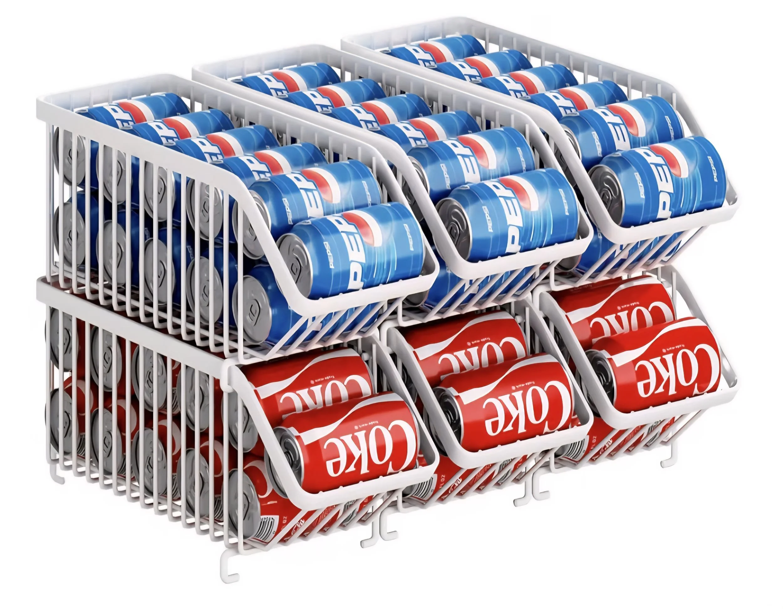 Stacked cans of Pepsi and Coke in a white metal beverage can rack.