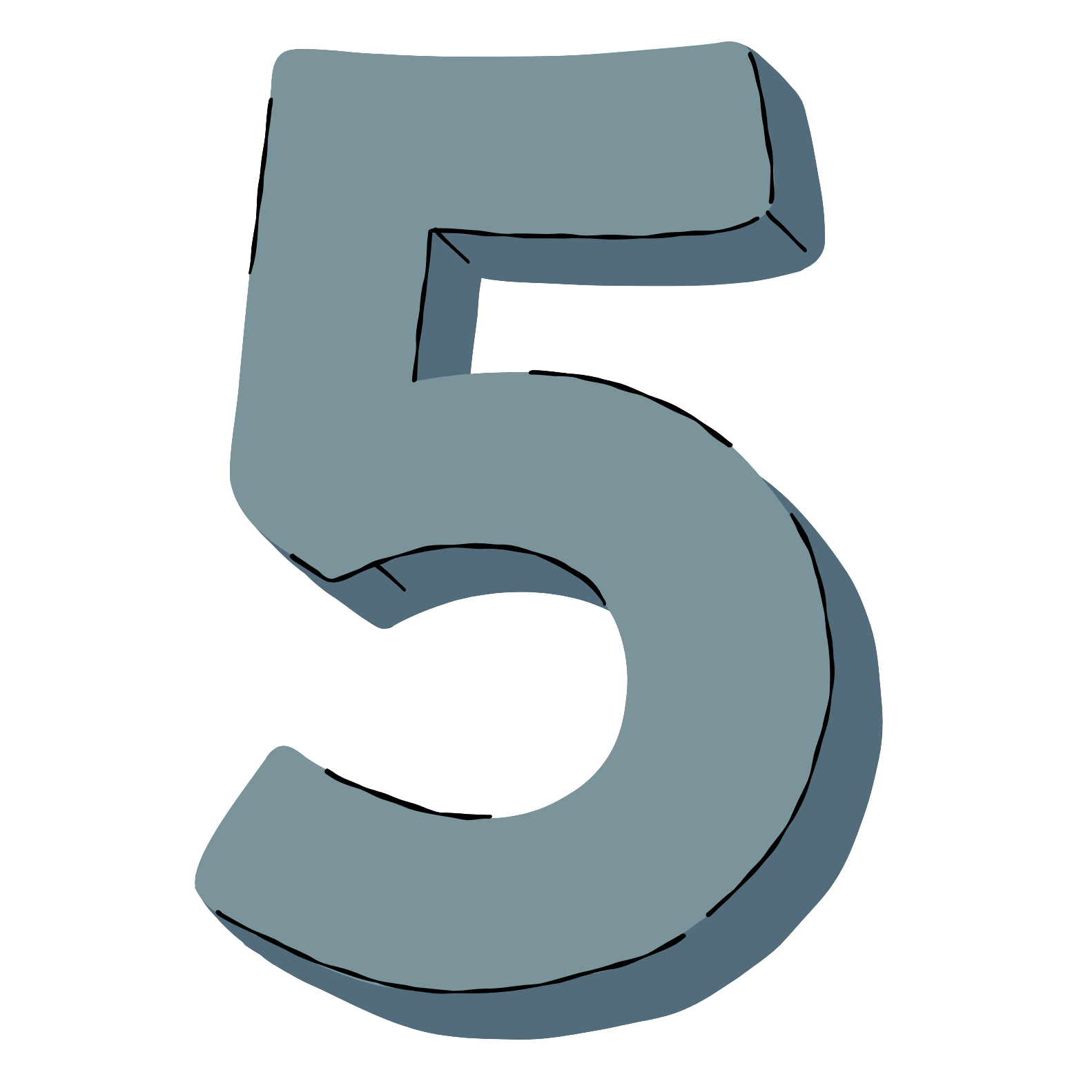 A large, stylized, three-dimensional number five in shades of gray and blue on a black background.