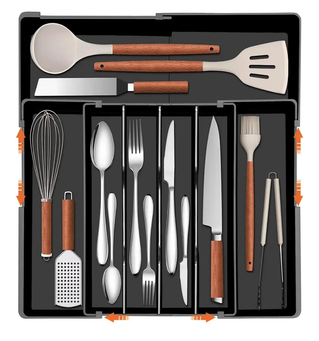 A kitchen utensil storage box containing a whisk, spatula, butter knife, vegetable peeler, basting brush, and tweezer, all with wooden handles, organized with separate sections for different utensils.