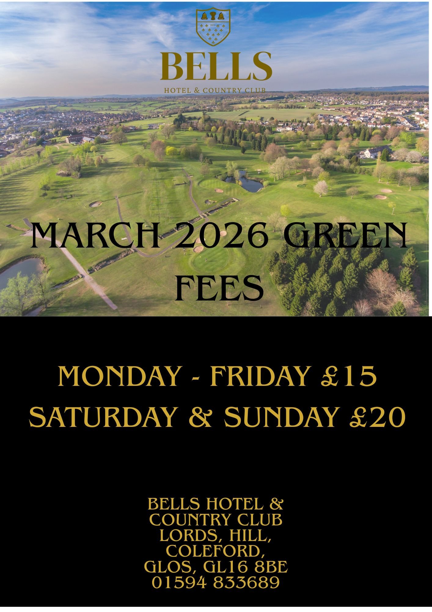A golf course with a green, trees, and a yellow flag on a pole under a partly cloudy sky.