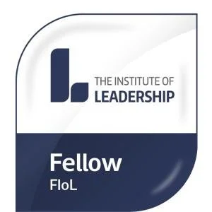 The logo of The Institute of Leadership with the title 'Fellow' and abbreviation 'Fllo' on a white and navy blue background.