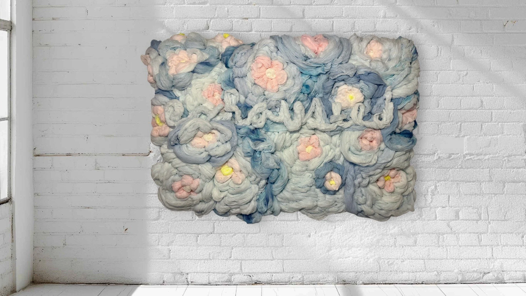 Exhausted, 2025 
Wall work with fiber, pigment &amp; steel armature. 28" x 40" x 6"

Exhaustion can look like beauty when you&rsquo;ve learned to hold everything together. 🌸

In "Exhausted", beauty and burnout intertwine. Th