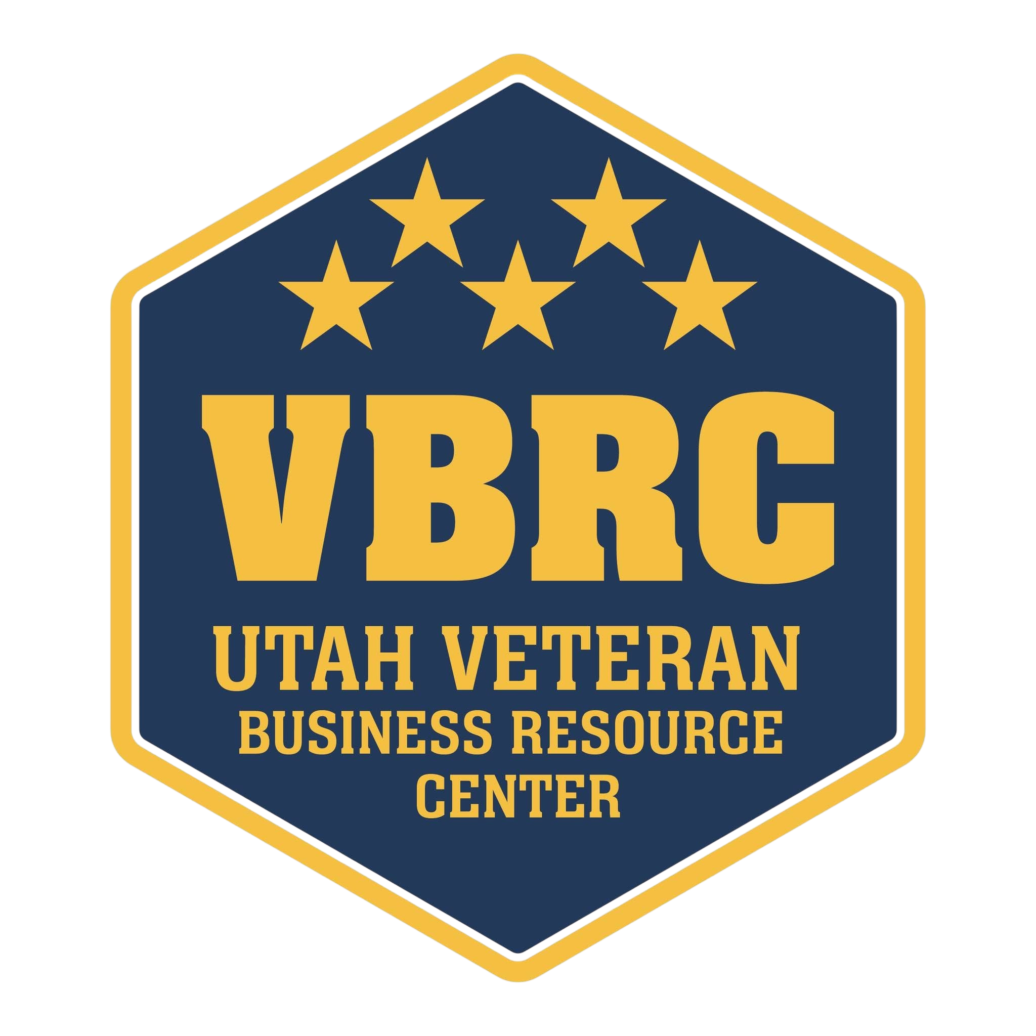 Logo for Utah Veteran Business Resource Center featuring five gold stars above the large yellow letters 'VBR' on a navy blue background, with yellow text below reading 'Utah Veteran Business Resource Center'.