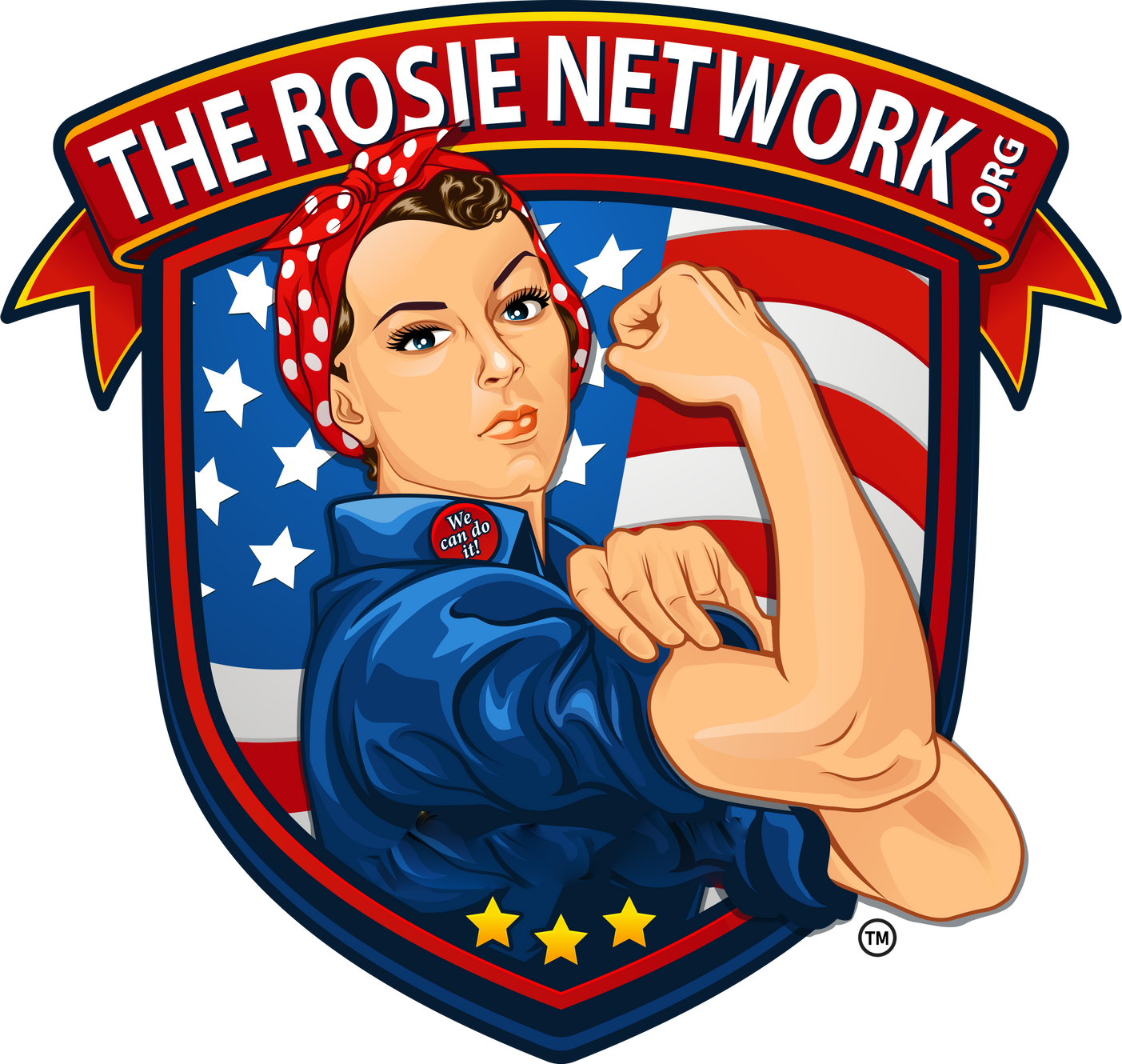 Iconic illustration of a woman with short curly hair, dressed in a blue uniform, wearing a red polka dot headscarf, flexing her arm in a strong pose with a serious expression, in front of an American flag background. The badge features the phrase "We can do it!" and the banner above reads "The Rosie Network.org".