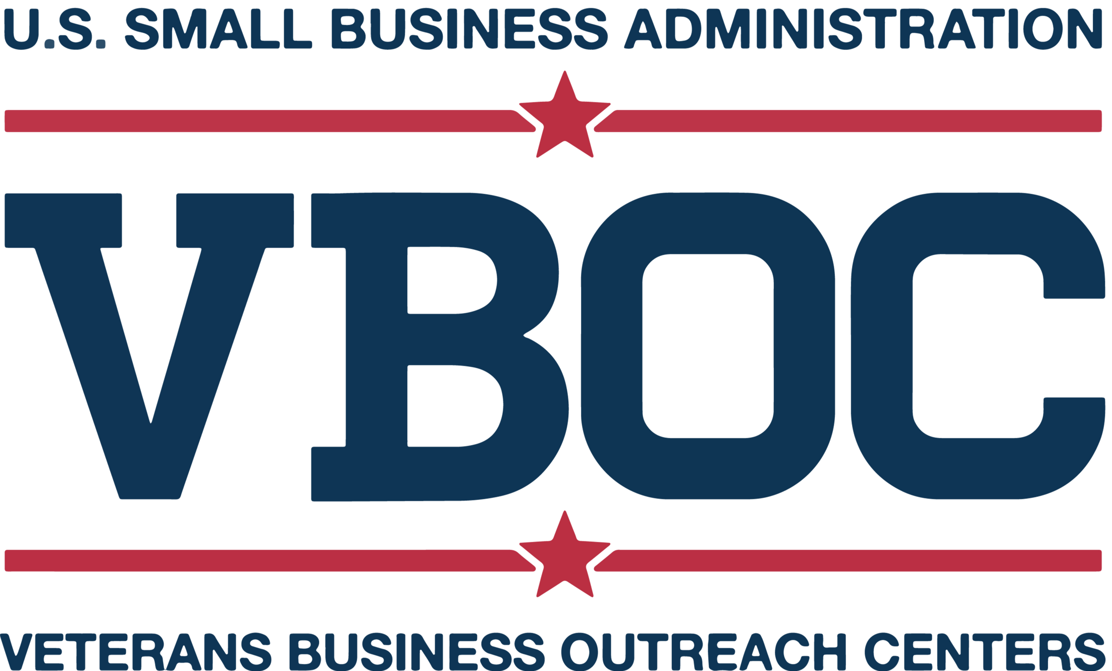 Logo of the Veterans Business Outreach Centers (VBOC), associated with the U.S. Small Business Administration, featuring large blue letters 'VBOC' with red stars and lines, and text indicating it supports veteran's business outreach.