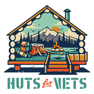 Illustration of a cozy cabin with a mountain view, trees, a campfire, and outdoor furniture, suggesting a camping or lodge scene.