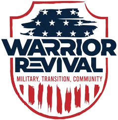 Logo for Warrior Revival, featuring a shield with American flag stars and stripes, and text indicating 'Military, Transition, Community.'
