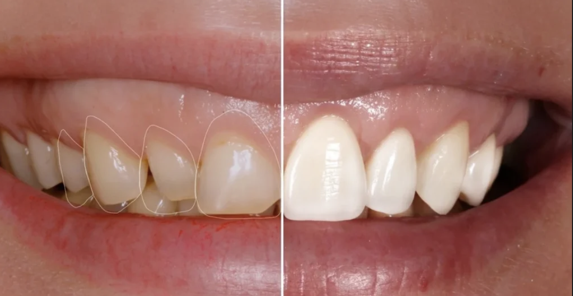 Comparaison entre dents avant et après un traitement dentaire, montrant un sourire avec des dents affinées et blanchies.