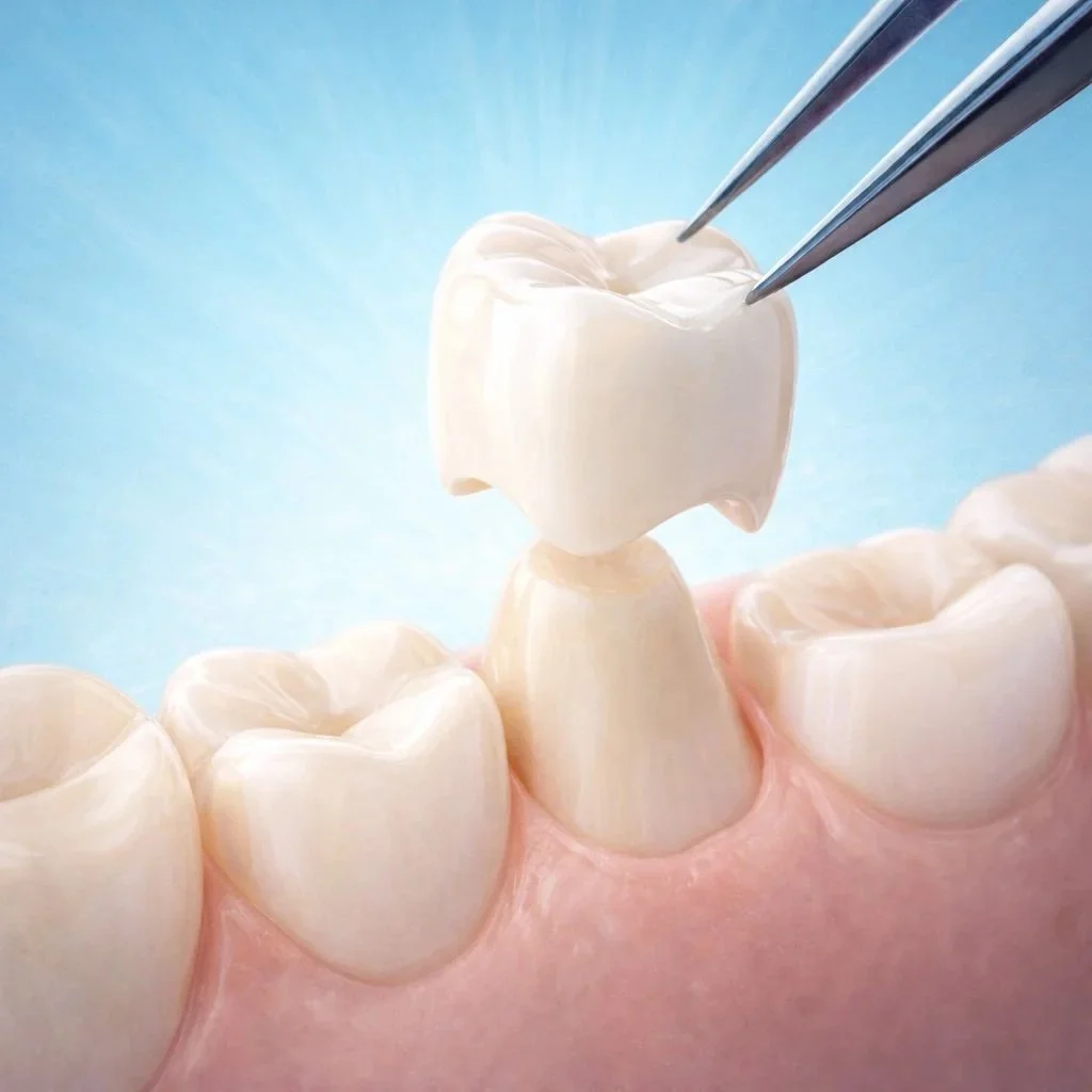 Une dent artificielle en cours de pose avec une pince, entourée d'autres dents naturelles, contre un fond bleu.