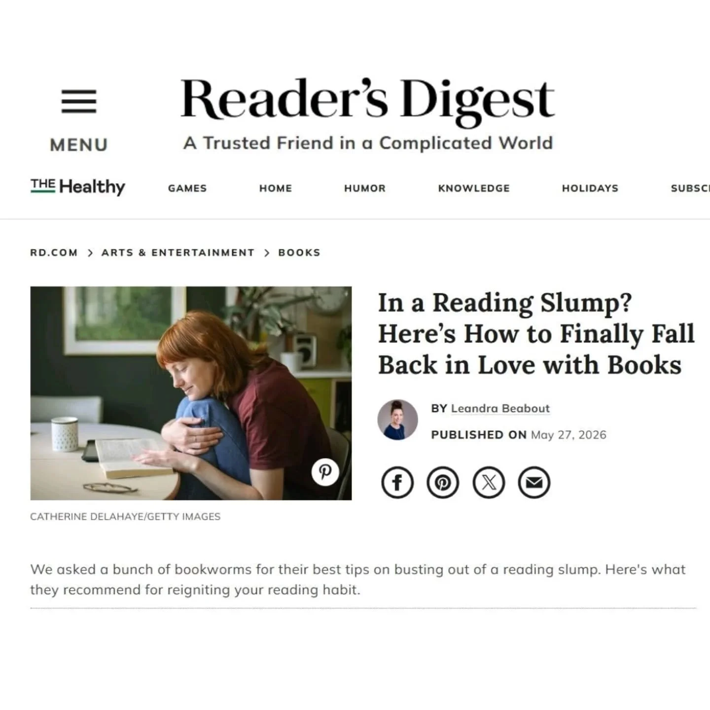 Thank you to @leandrabeabout @readersdigest for the shoutout of THE NIGHT HUNTER in their May 27th Article (next to Fahrenheit 451, no less!). Check it out for 7 surefire ways to get out of a reader slump, and some more book recs to help you do so! (