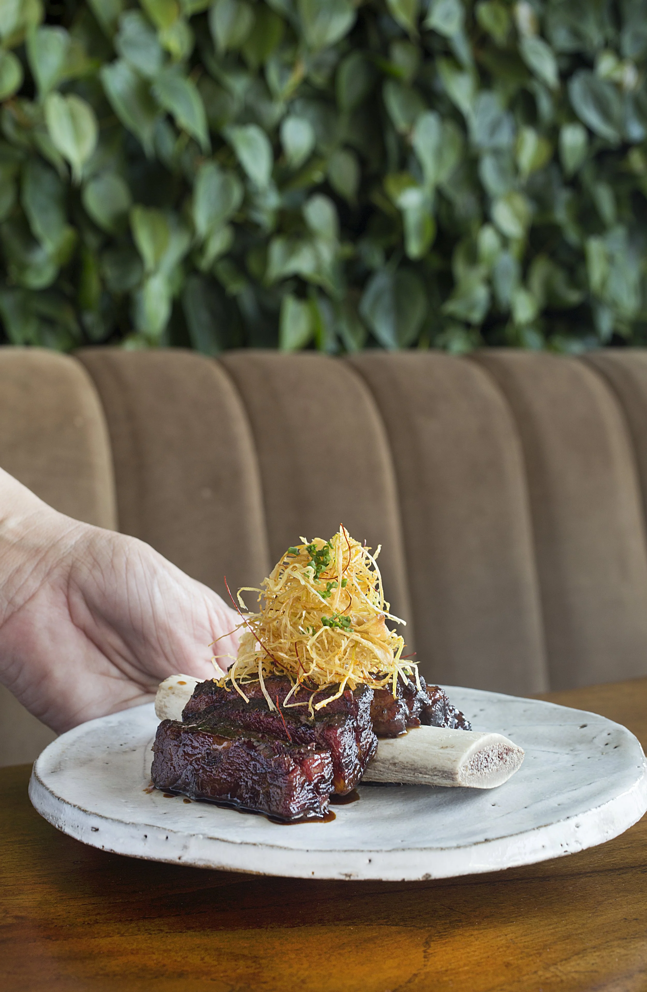 A person holding a white plate with a glazed meat rib