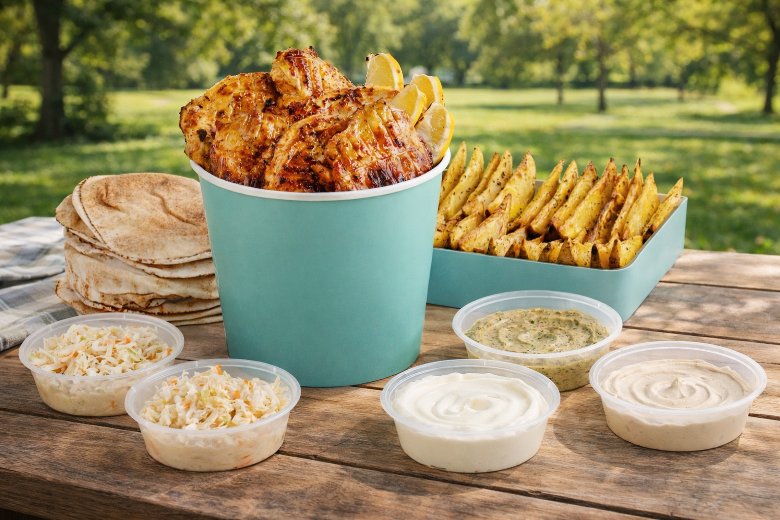 Grilled chicken, French fries, pita bread, cole slaw, and various sauces