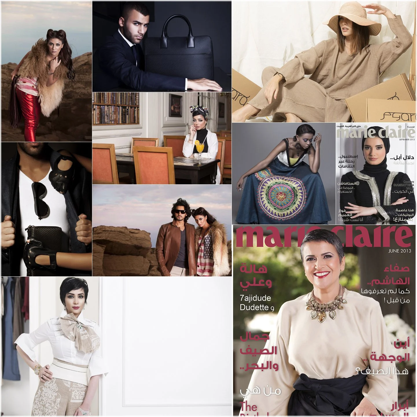 Collage of fashion and lifestyle images, including models in stylish outfits, a man with a briefcase, a woman at a dining table with a drink, a woman wearing a large sunhat, a magazine cover featuring women in fashionable attire, and a woman in white with a scarf in a wardrobe.