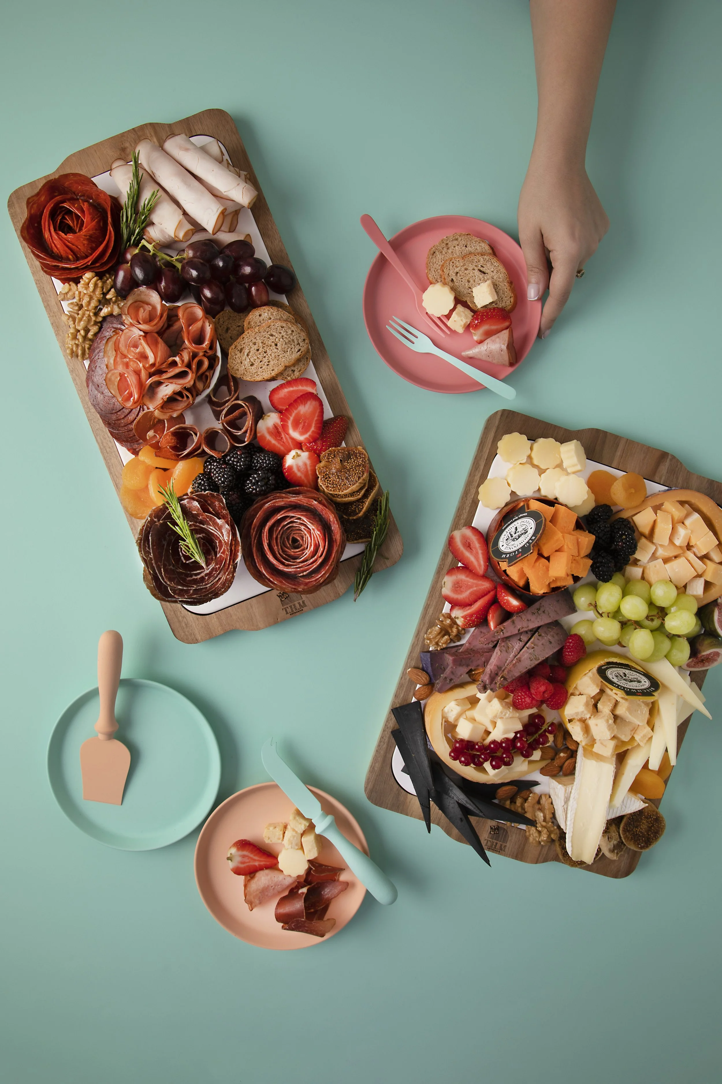 An overhead view of a charcuterie board 
