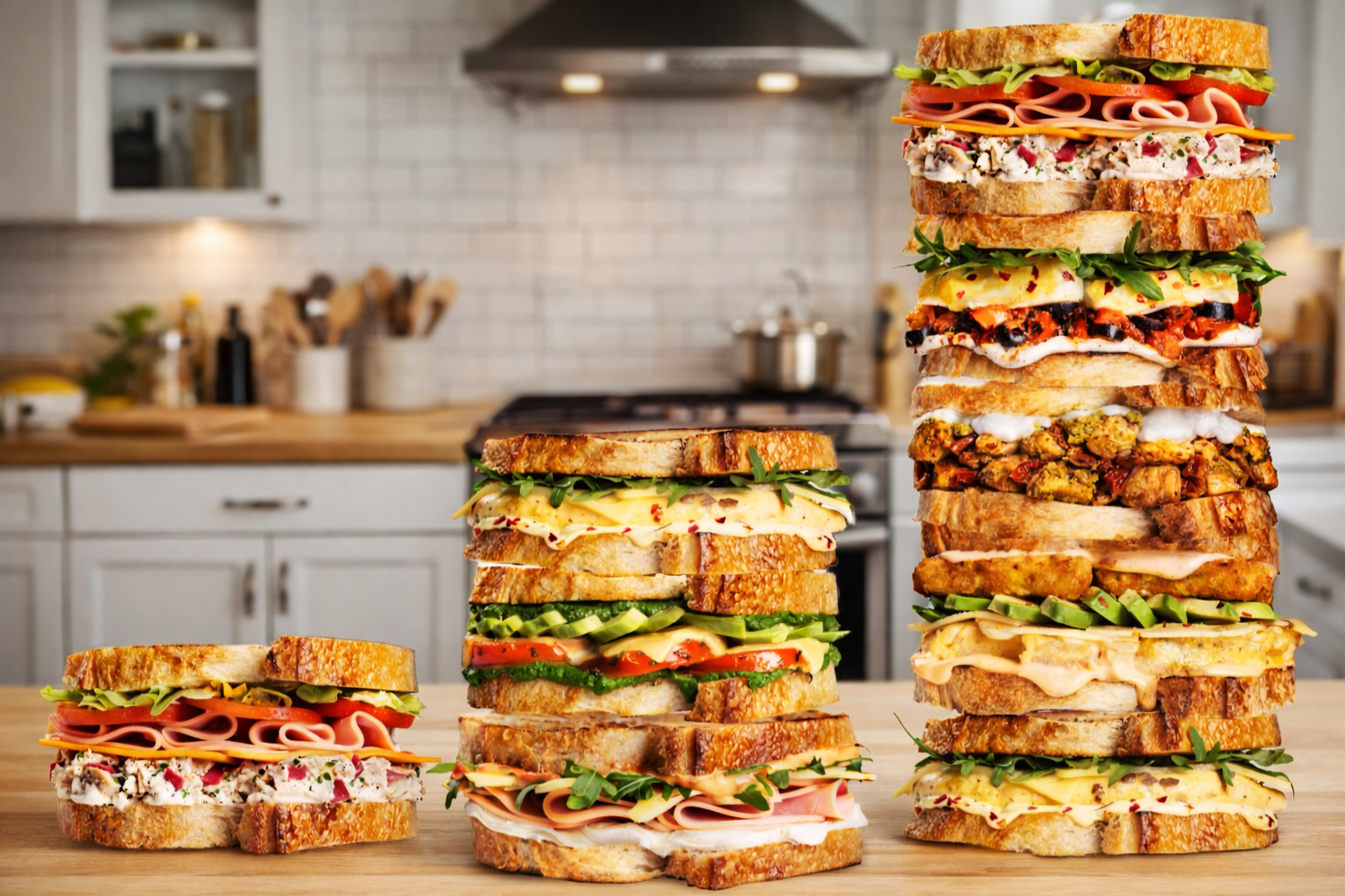 Multiple large stacked sandwiches with various ingredients on a kitchen countertop.