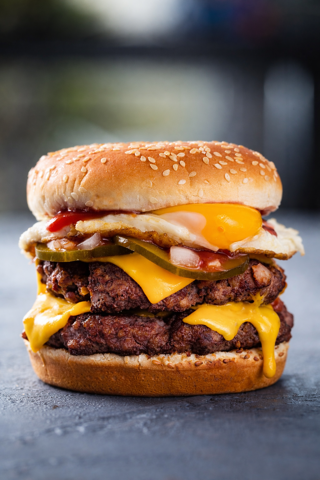 Beef burger with a fried egg and cheese