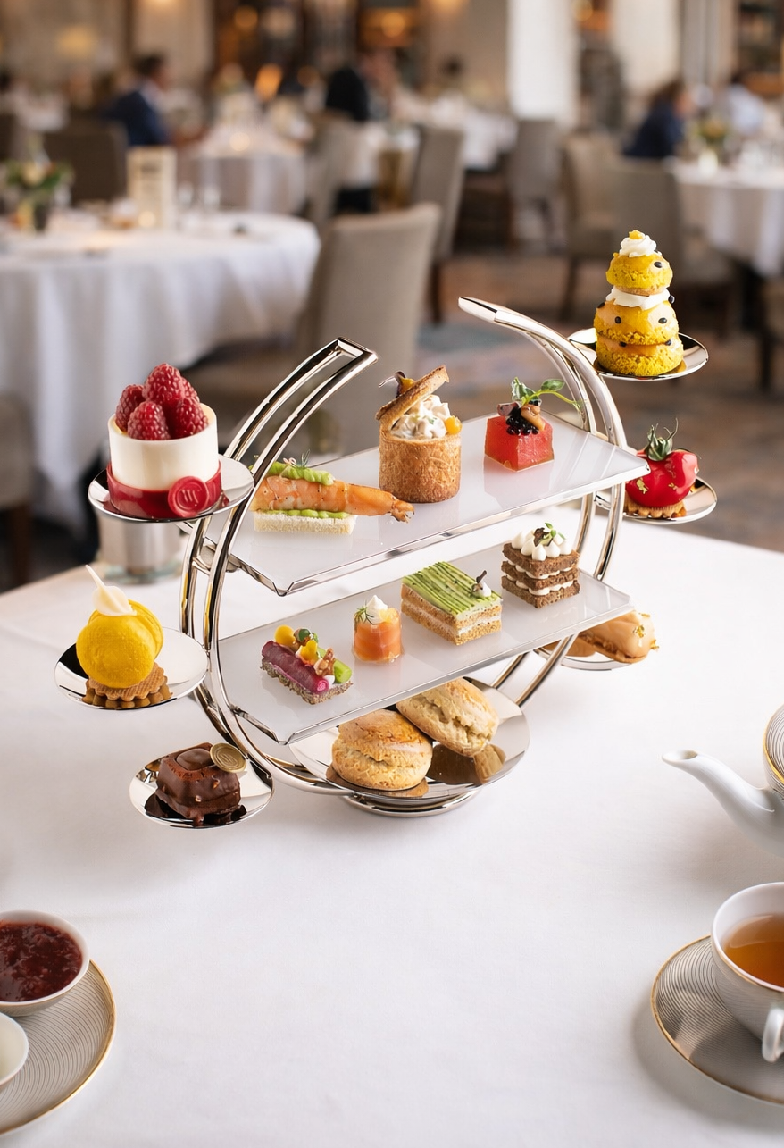 Elegant three-tiered tray of assorted desserts including macarons, cake slices, fruit-topped tarts, and chocolates