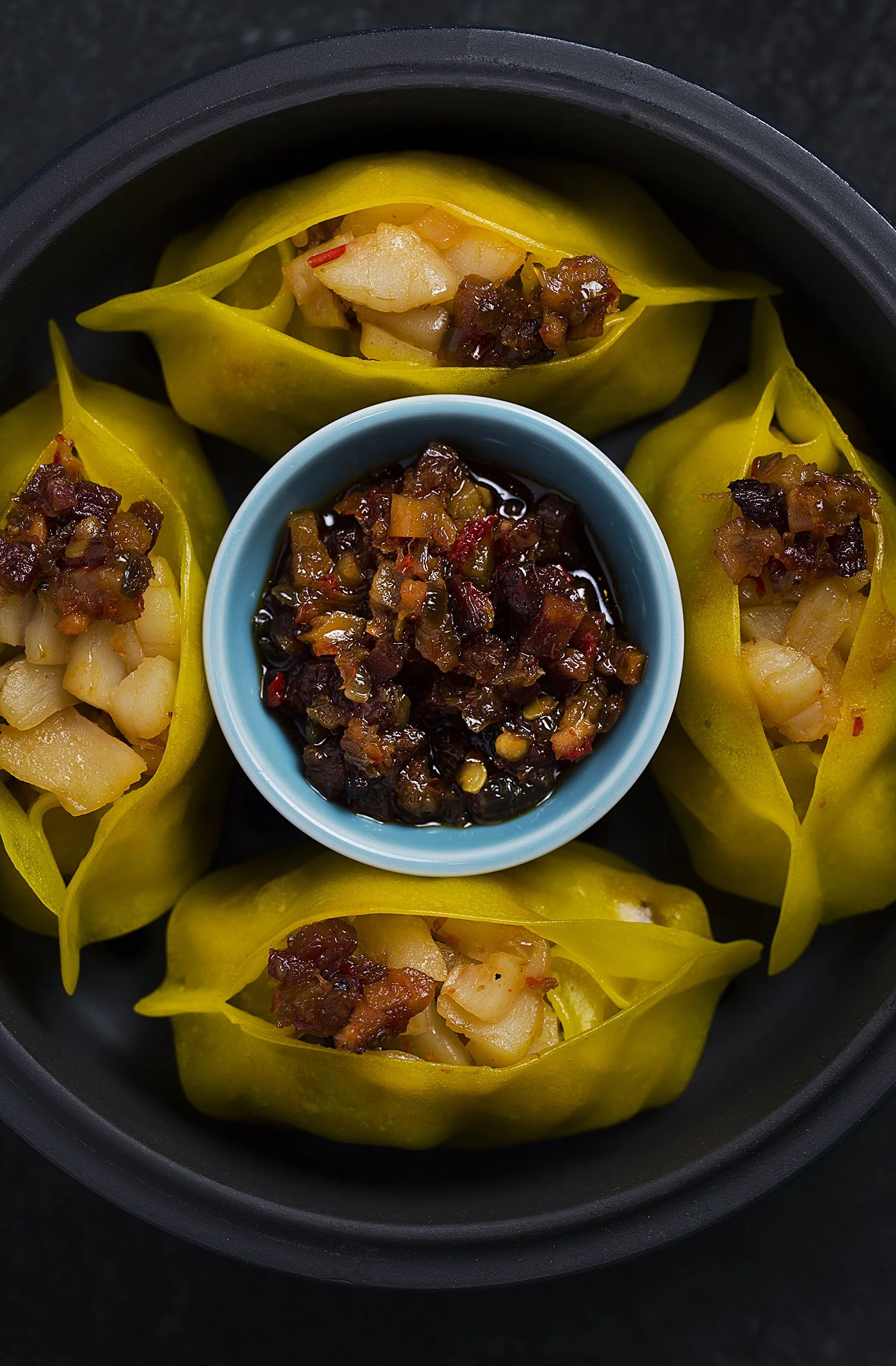 Dumplings topped with a vegetable filling