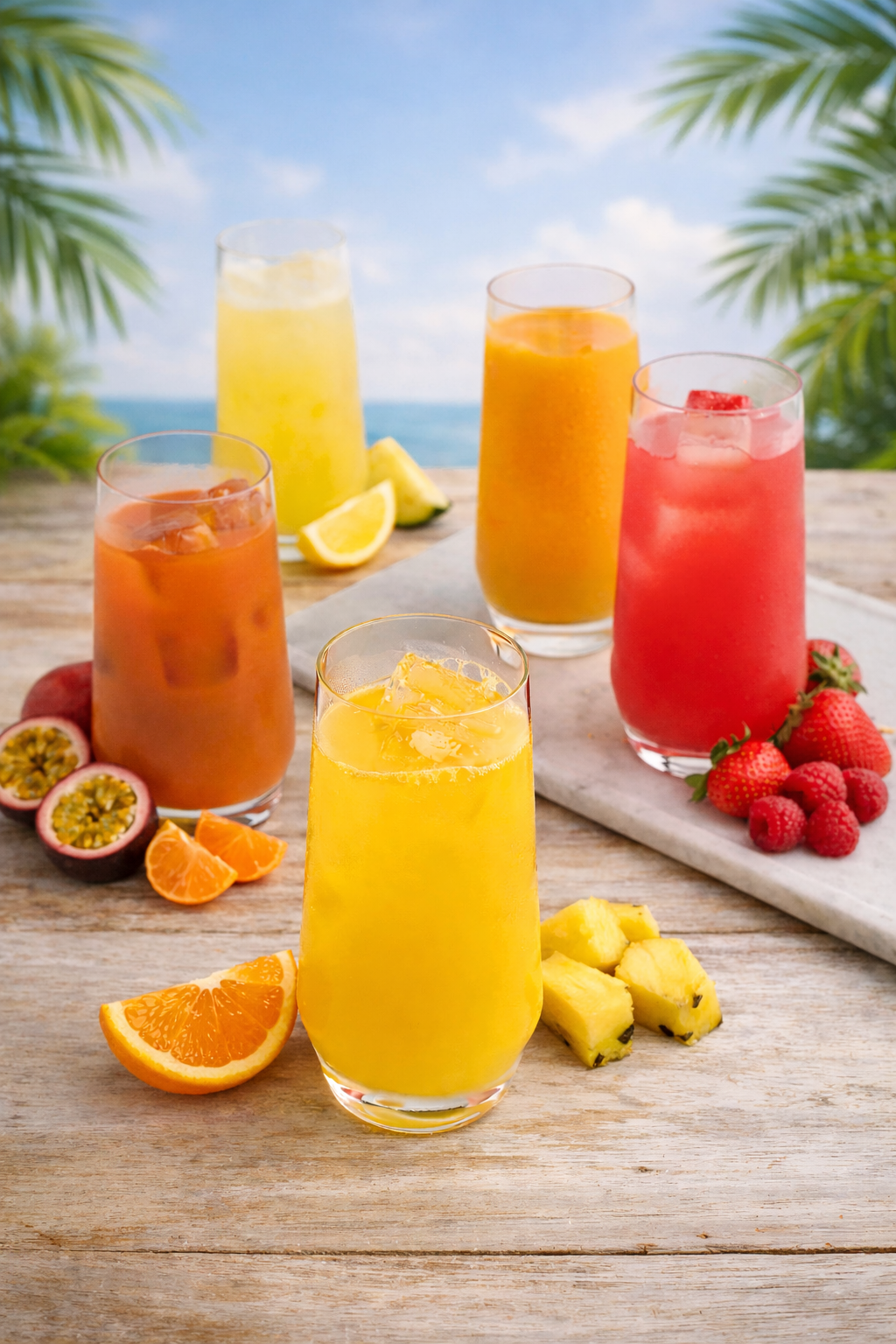Colorful fruit juices and smoothies on a wooden table with tropical outdoor background, fresh fruits including strawberries, pineapple, passion fruit, and oranges.
