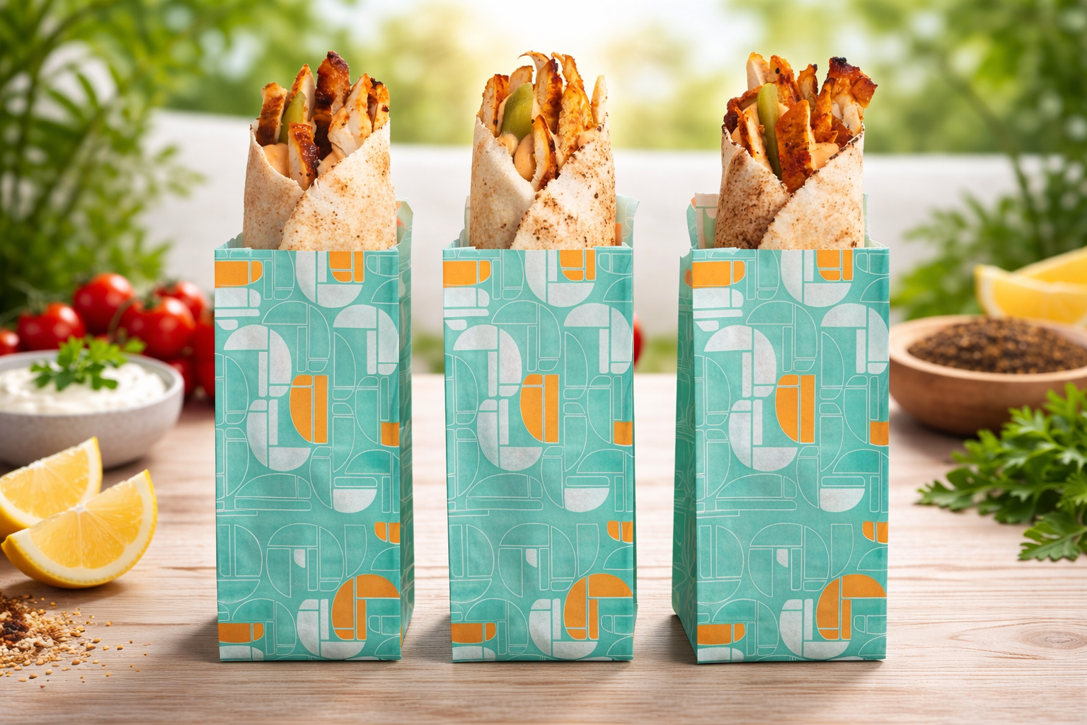 Three takeout-style wraps in colorful paper boxes, filled with grilled chicken, green peppers, and other ingredients, set on a wooden surface with lemon wedges, cherry tomatoes, herbs, and spices around.
