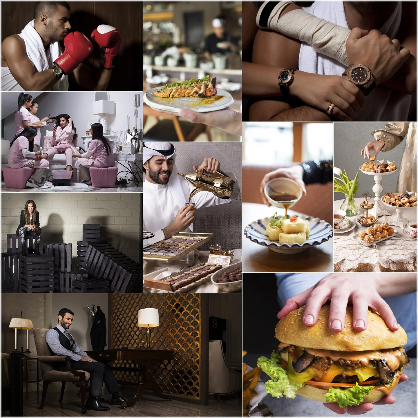 A collage of various scenes including a boxer in gloves, a chef preparing sushi, a couple with bandaged arms, a woman getting a manicure, a man pouring tea, a dessert table with pastries, a man brewing coffee, a woman in a spa, a man sitting in a living room, and a person holding a large burger with lettuce, cheese, and toppings.